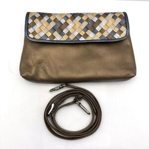 ILI New‎ York Leather Crossbody Bag Purse Metallic Woven Bronze Gold & Brown